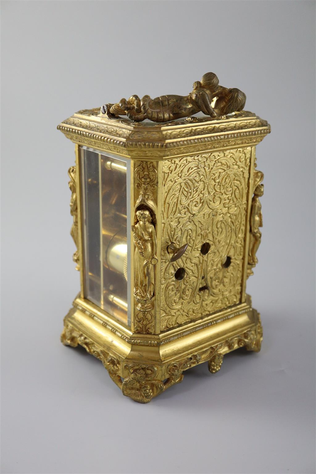 Jules of Paris. A 19th century French ormolu hour repeating carriage clock, width 4.75in. height 7in.